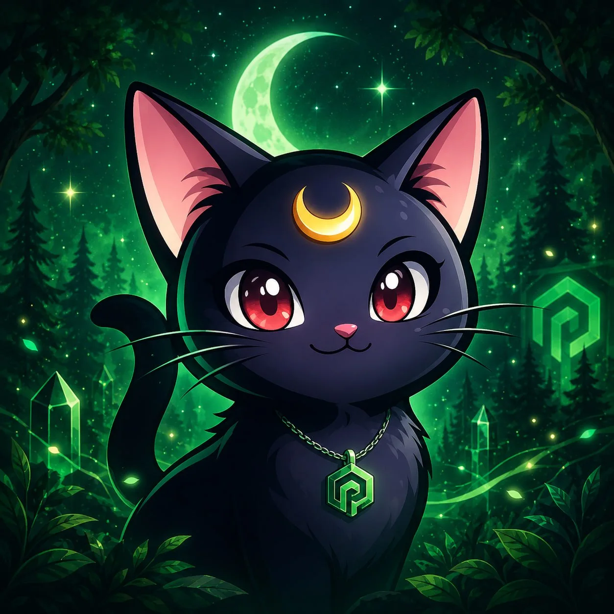 Luna beneath an emerald crescent moon wearing a Robinhood-inspired pendant